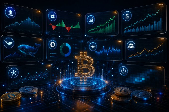 A digital art collage showing a large golden Bitcoin symbol surrounded by various cryptocurrency trading charts, icons, and coins against a dark blue background.