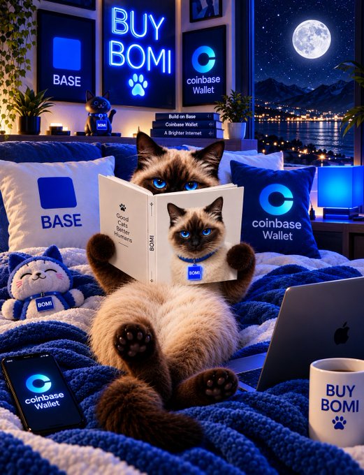A Siamese cat sits on a bed reading a book, surrounded by branded merchandise displaying logos and text for 'BASE', 'Coinbase Wallet', and 'BUY BOMI'.