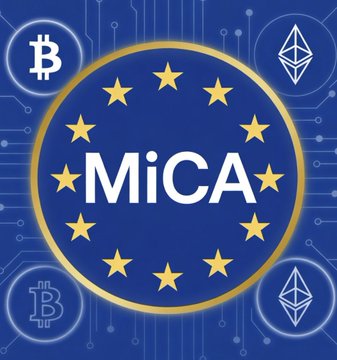 The image features a circular emblem with "MiCA" in bold white letters, surrounded by 12 gold stars in a ring on a blue background, resembling the EU flag, with cryptocurrency logos (Bitcoin and Ethereum) and circuit board patterns in the corners. It visually represents the EU's Markets in Crypto-Assets (MiCA) regulations and the post's discussion of expanding these rules to cover non-EU stablecoin issuers and emerging technologies like tokenization.