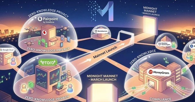 Digital illustration depicting a 'Mainnet Launch' with 'MIDNIGHT MAINNET - MARCH LAUNCH' featuring partnerships with Paypoint, eToro, MoneyGram, Google Cloud, and Blockchain.com, highlighting zero-knowledge privacy.