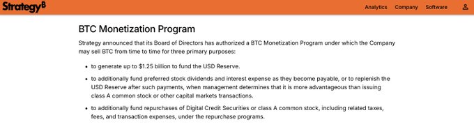 A webpage from StrategyB announcing their 'BTC Monetization Program' allowing the company to sell BTC to fund their USD Reserve or pay dividends.