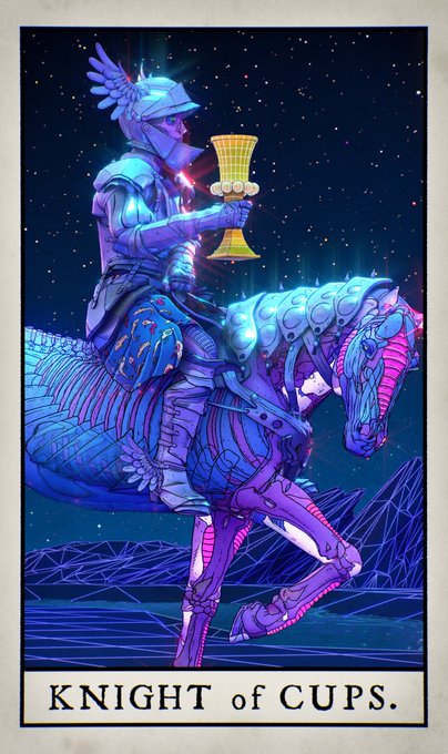 A stylized tarot card illustration labeled 'KNIGHT of CUPS,' depicting a futuristic, armored figure with wings riding a mechanical purple horse and holding a glowing golden cup against a starry background.