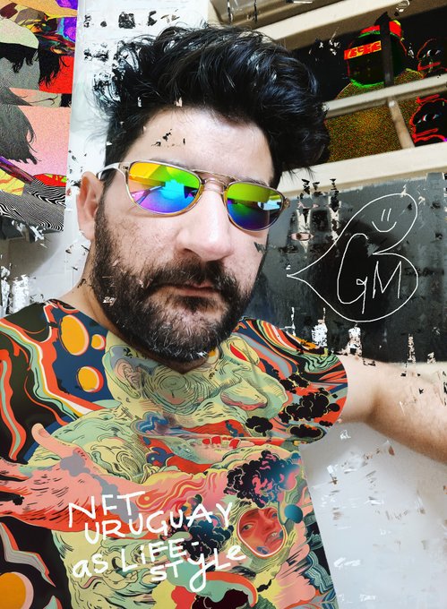 A stylized photo of a bearded man wearing colorful sunglasses and a vibrant patterned shirt, with the text 'NET URUGUAY as LIFE STYLE' overlaid on the image.