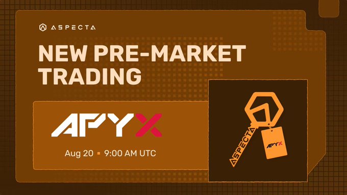 An Aspecta promotional graphic for "NEW PRE-MARKET TRADING" featuring the APYX logo, dated Aug 20 at 9:00 AM UTC.