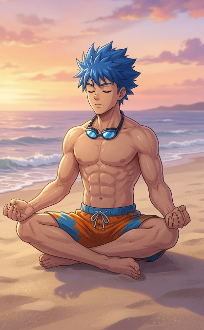 An anime-style illustration of a muscular blue-haired young man meditating cross-legged on a beach at sunset, wearing swim trunks with swimming goggles around his neck.