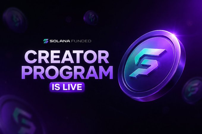 The image features a purple coin with the word "Creator" written on it, surrounded by small circles of different colors. The background of the image is black, which contrasts with the vibrant purple coin. Below the coin, there's text that reads "SOLANA FUNDED CREATOR PROGRAM IS LIVE", indicating that this is an advertisement for a creator program and that people should start creating to earn money from it.