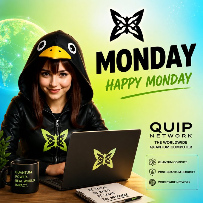 A promotional graphic for 'QUIP NETWORK' promoting 'The Worldwide Quantum Computer' with a 'Happy Monday' message, featuring a woman in a black penguin hoodie using a laptop branded with the QUIP logo alongside features like 'Quantum Compute', 'Post-Quantum Security', and 'Worldwide Network'.