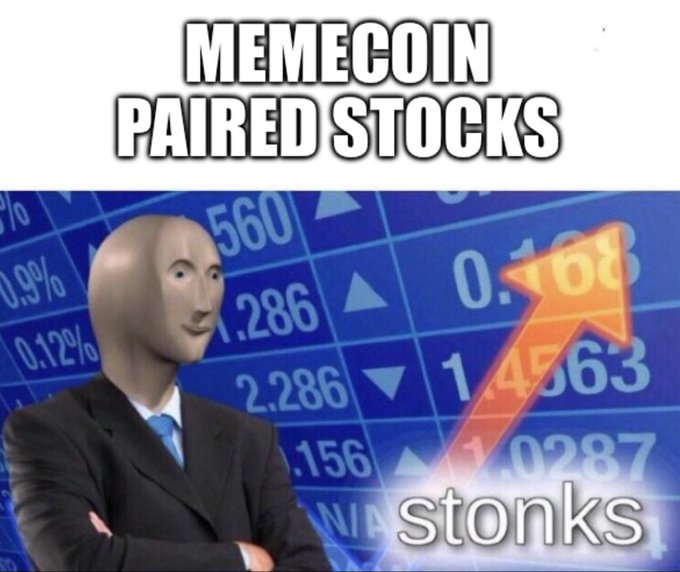The image is the classic "Stonks" meme featuring the Meme Man character in a suit against a background of stock tickers with an upward arrow. The caption "MEMECOIN PAIRED STOCKS" appears at the top, humorously riffing on the post's joke about degens chasing gains by suggesting a new crypto asset class tied to memestock trading.
