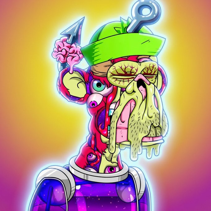 The image features a cartoon character with a face painted like a human, wearing a green hat and holding an arrow in one hand and a key in the other. The background of the image is a gradient of purple and yellow colors. The caption "Yall See The Fur MAYC" is written at the bottom right corner of the image.