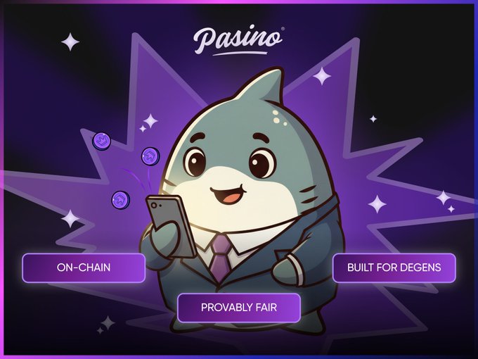 A cartoon shark character in a suit holding a phone, branded as 'Pasino' with tags reading 'ON-CHAIN', 'BUILT FOR DEGENS', and 'PROVABLY FAIR' against a purple starburst background.