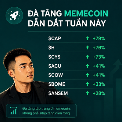 An infographic in Vietnamese titled 'ĐÃ TĂNG MEMECOIN DẪN ĐẤT TUẦN NÀY' lists meme coin price gains including $CAP +79%, $SH +76%, $CYS +73%, $ACU +41%, $COW +41%, $BOME +33%, and $ANSEM +28%, featuring a man on the left side.