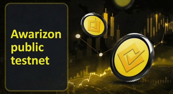 Promotional graphic announcing the 'Awarizon public testnet' featuring gold coin tokens with a logo, set against a dark background with financial chart elements.