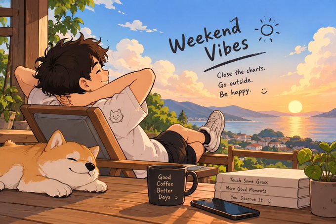 An anime-style illustration of a boy relaxing in a chair with a Shiba Inu dog, captioned 'Weekend Vibes' with the message 'Close the charts. Go outside. Be happy.'