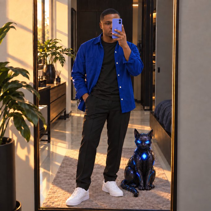 A mirror selfie of a man wearing a blue button-up shirt over a black t-shirt and black pants, with a robotic, glowing blue cat sitting on the rug beside him.