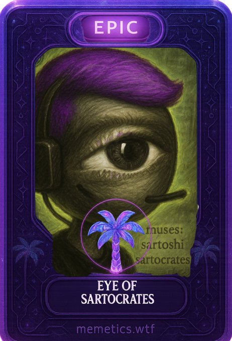 A purple "EPIC" rarity trading card from memetics.wtf features a surreal illustration of a wide-open eye with a purple pompadour hairstyle, set against a green background, with a palm tree emblem and the title "EYE OF SARTOCRATES" beneath. The card plays on the $BAYLA token theme by reimagining a Bored Ape-style NFT portrait as a meme collectible, complete with sponsor text listing "sartoshi" and "sartocrates" as muses.