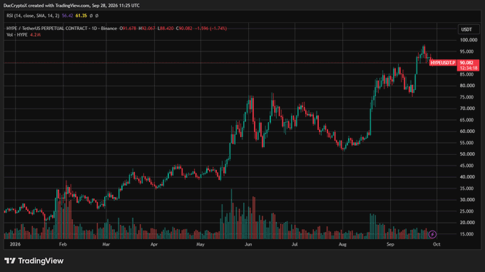 A TradingView chart for HYPE/USDT PERPETUAL CONTRACT on Binance, showing a current price of 61.35 with a 4.28% increase.