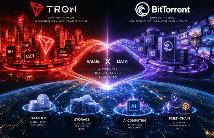 A promotional graphic showing the partnership between TRON ('Connecting Value') and BitTorrent ('Connecting Data'), illustrating a 'Value X Data' decentralized ecosystem with categories for Payments, Storage (BTTC), AI Computing (BTTC), and Multi-Chain (BTGC).