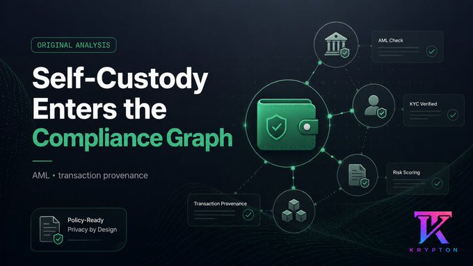 The image is a dark-themed digital illustration titled "Self-Custody Enters the Compliance Graph," subtitled "AML · transaction provenance," and is branded "ORIGINAL ANALYSIS" by Krypton. It visually connects a central green wallet icon to compliance nodes labeled "AML Check," "KYC Verified," "Risk Scoring," and "Transaction Provenance," reinforcing the post's theme that regulators are shifting focus from exchange onboarding to tracing the origin and destination of crypto transactions under frameworks like Ireland's new national strategy and EU transfer rules.