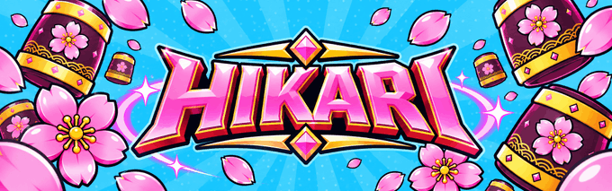 A vibrant pink and blue banner featuring the text 'HIKARI' in stylized lettering, decorated with falling pink cherry blossom petals and cylindrical ornaments with floral patterns.
