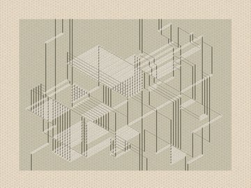 The image features an abstract art piece composed of geometric shapes and lines that create a sense of depth and dimensionality. These shapes are arranged in such a way that they appear as if they are floating or suspended in space, giving the impression of a three-dimensional effect. The composition is predominantly white with black accents, which further enhances the visual impact of the artwork. The post on the image reads "gm, a space between imagination and mathematics available on objkt", suggesting that this piece may be inspired by the relationship between art and math or the concept of space in both artistic and mathematical contexts.