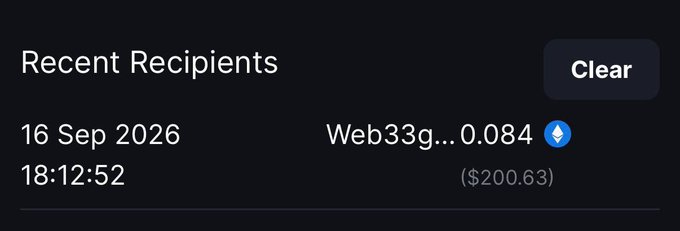 A dark-themed digital wallet interface displays a "Recent Recipients" section showing a transaction dated "16 Sep 2026" at "18:12:52," with $200.63 sent to a recipient whose address begins "Web33g...0.084" alongside an Ethereum icon, reinforcing the post's confirmation that $200 was successfully received.