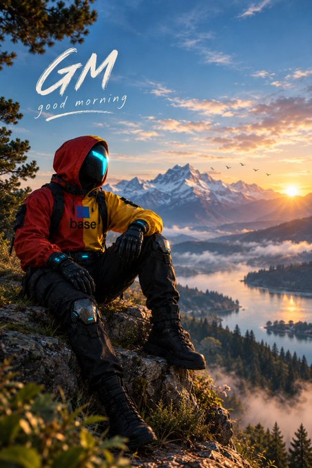 An artistic 'GM good morning' image depicting a futuristic figure wearing a red, yellow, and blue jacket with 'base' written on it, sitting on a mountain cliff overlooking a lake and snow-capped peaks at sunrise.