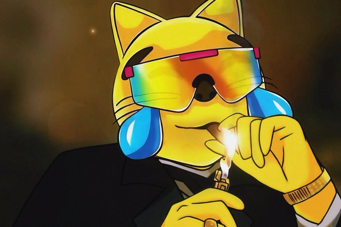 An anthropomorphic cartoon cat character wearing a black suit, a gold watch, and oversized blue and orange sunglasses, lighting a cigarette with a gold lighter.