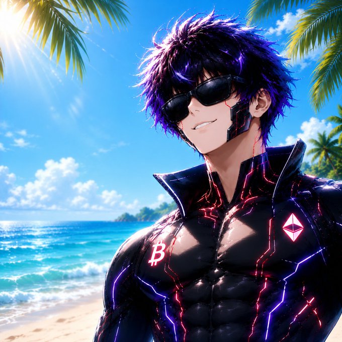 An anime-style character with spiky purple hair and sunglasses stands on a tropical beach, wearing a futuristic black suit adorned with glowing red and purple circuits and a 'B' symbol.