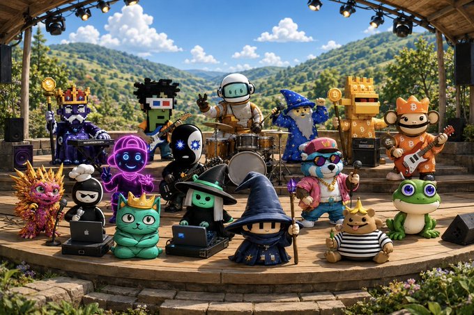 A colorful band of pixel-art and mascot characters, including Bitcoin knights, a wizard, a frog king, and various NFT-style creatures, performs on an outdoor stage surrounded by green hills. The "₿" Bitcoin symbol appears on several figures, tying the vibrant scene to the "GM to all ordinal enjoyooors!" greeting celebrating crypto and ordinals culture.