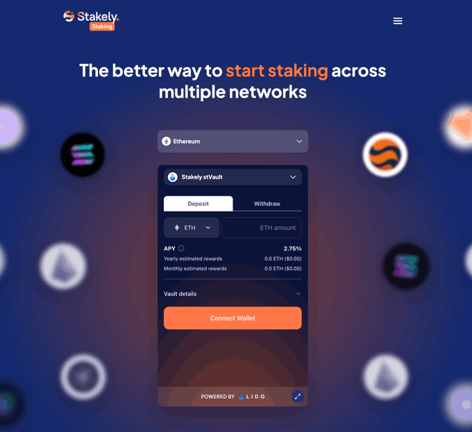 The Stakely staking platform interface showing a 'Stakely stVault' deposit widget for Ethereum with an APY of 2.75%, powered by LIDO, set against a dark blue background with floating token icons.