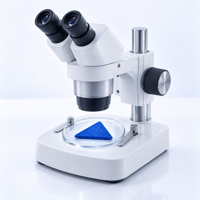 A white stereo microscope examines a blue triangular object on a glass dish, symbolizing scrutiny of "bluechip" investments. The blue triangle visually echoes the diamond emoji and "blue" in the post, representing the analysis of a top-tier asset.