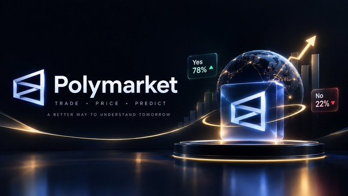 A promotional image for 'Polymarket' shows the platform's logo with the tagline 'TRADE • PRICE • PREDICT — A BETTER WAY TO UNDERSTAND TOMORROW,' alongside a Yes/No prediction graphic.