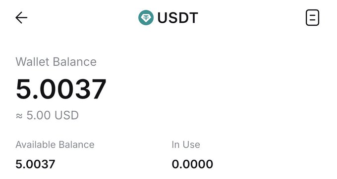 A crypto wallet screen showing a USDT (Tether) balance of 5.0037 tokens, approximately equal to 5.00 USD, with 0.0000 currently in use.