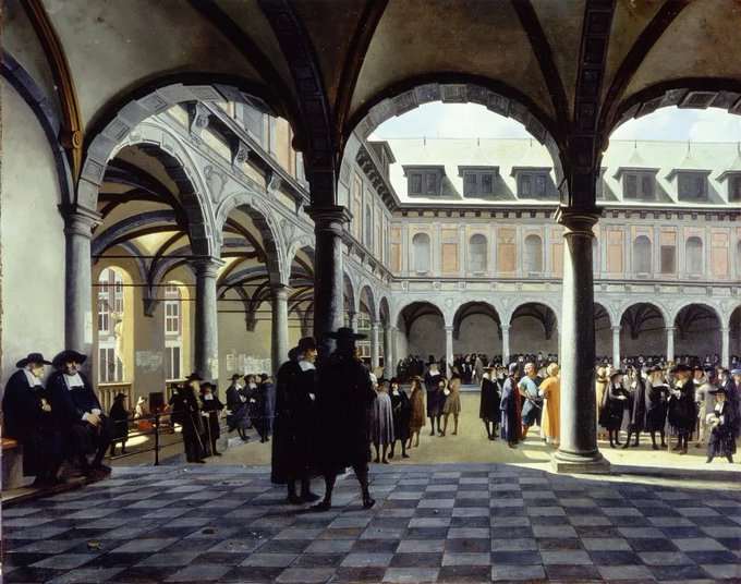 A classical painting depicting a courtyard scene with arched colonnades, a checkered tile floor, and groups of people in 17th-century attire gathered under the architectural arcades.