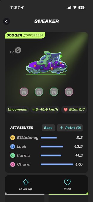 The image shows a mobile app screen for STEPN GO displaying a "JOGGER #507592224" sneaker NFT with "LV 0" rarity, classified as "Uncommon" with 4.0-10.0 km/h speed and "Mint 0/7" condition. The sneaker features a vibrant purple and green alien-like design, with base attributes showing Efficiency 8.3, Luck 12.5, Karma 11.2, and Charm 17.6, aligning with the post's mint announcement for the Jogger NFT.