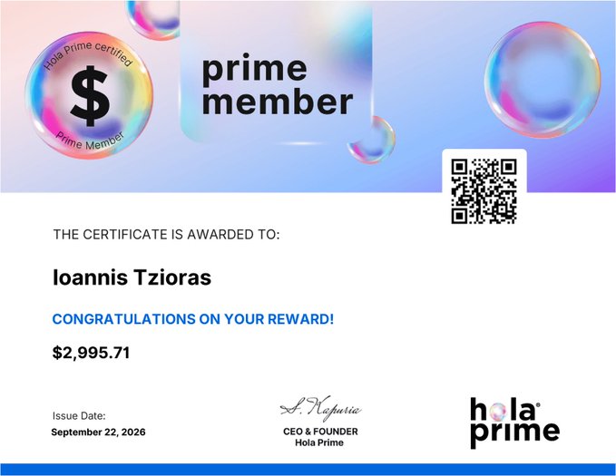 A 'prime member' certificate from Hola Prime awarded to 'Ioannis Tzioras' for a reward of $2,995.71, issued on September 22, 2026 and signed by CEO & Founder A. Magaria.