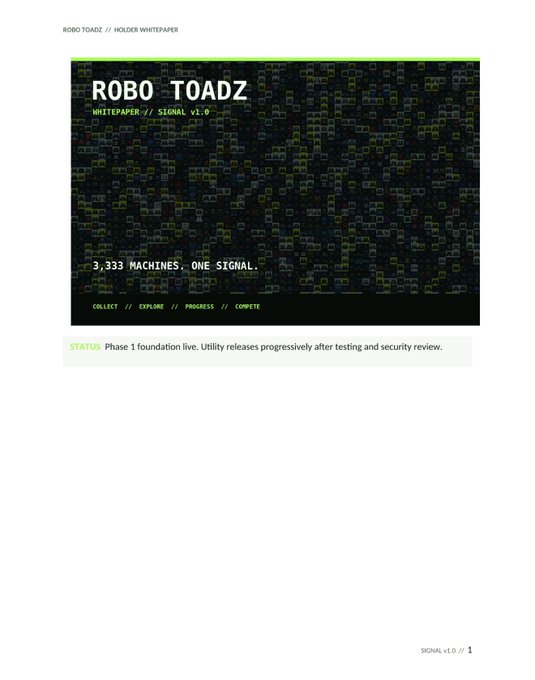 A webpage for 'ROBO_TOADZ' displaying a 'HOLDER WHITEPAPER' titled 'SIGNAL v1.0' with a pixelated toad graphic, noting '3,333 MACHINES. ONE SIGNAL.' and a status update.