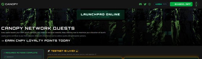 Screenshot of the Canopy Network website showing 'LAUNCHPAD ONLINE' and 'CANOPY NETWORK QUESTS' with CNPY loyalty points text.