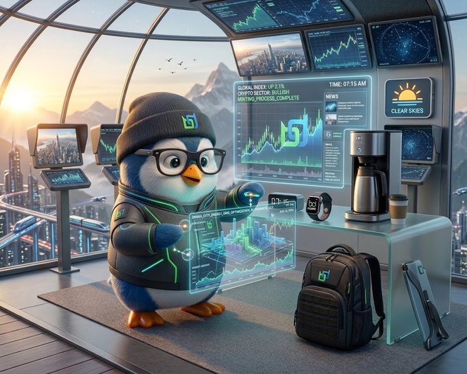 A cartoon penguin wearing glasses, a black beanie, and a futuristic jacket stands in a high-tech observation room analyzing holographic stock charts, with a coffee maker, backpack, and city views visible in the background.