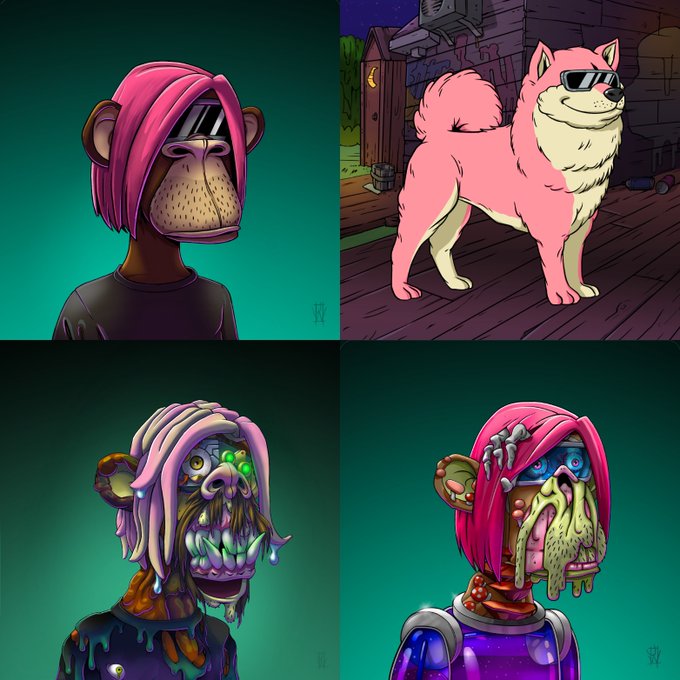 A 2x2 grid of cartoon-style digital illustrations, including a monkey character with pink hair and sunglasses, a smiling pink dog wearing sunglasses, and two grotesque zombie-like variations of the monkey character with melted features.