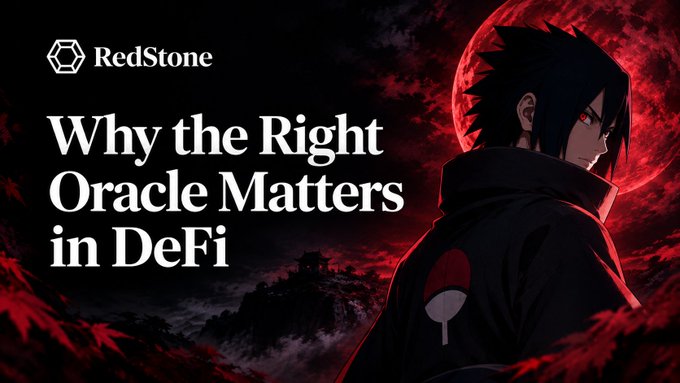 A promotional graphic titled 'Why the Right Oracle Matters in DeFi' by RedStone, featuring an anime character resembling Sasuke Uchiha with a red moon background.