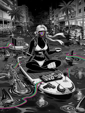 A monochromatic digital illustration with selective color accents depicting a female figure in VR goggles sitting on a floating platform amid a surreal flooded cityscape with sharks.