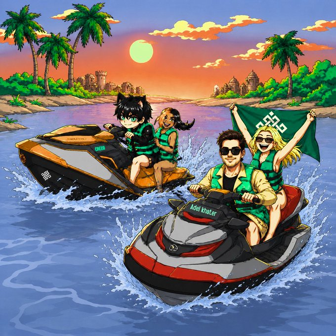 An anime-style illustration showing four people riding jet skis on a river at sunset, with one jet ski labeled 'Adel Khater' and a character holding a green flag with a white geometric symbol.
