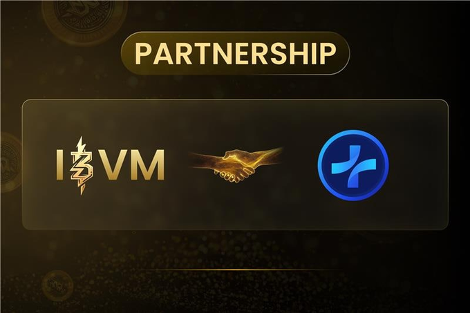 A promotional graphic with a dark gold background displaying 'PARTNERSHIP' at the top, featuring the 'IBVM' logo with a lightning bolt, a handshake icon, and a blue cryptocurrency-style logo.