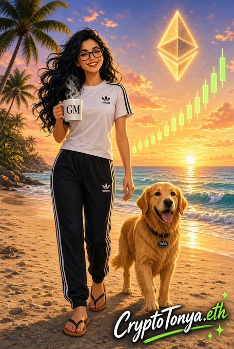 A digital illustration shows a woman in Adidas apparel holding a mug labeled 'GM' next to a golden retriever on a beach at sunset, with an Ethereum logo and green candlestick chart in the sky, branded 'CryptoTonya.eth'.