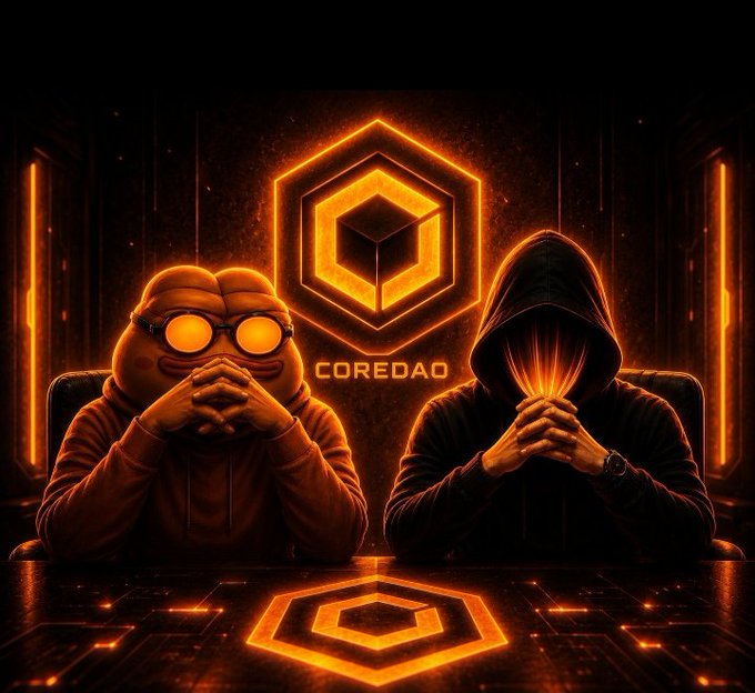Two hooded figures sit across from each other in a dark, neon-orange lit chamber featuring the "COREDAO" hexagonal logo, symbolizing a community grappling with trust and confidence issues surrounding the CoreDAO project. The image's shadowy, tension-filled atmosphere visually reinforces the post's warning about how loss of faith in a project's team and future can be more damaging than price decline alone.