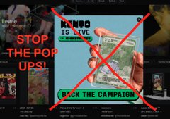 A billboard advertisement for a food campaign is crossed out with a large red X, featuring text that reads 'STOP THE POP UPS!' and 'CLICK THE CAMPAIGN'.