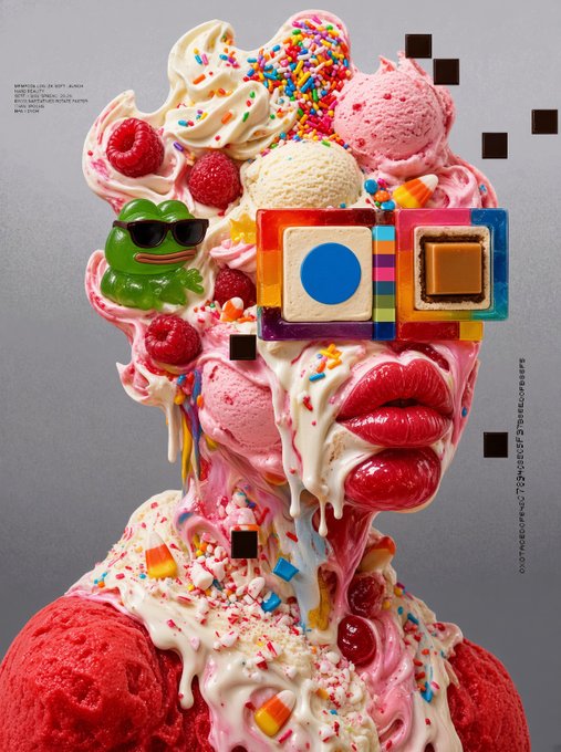 An artistic, surreal composition features ice cream scoops, raspberries, a green gummy bear wearing sunglasses, a red lip, and a colorful camera-like object floating in a swirl of cream and sprinkles.