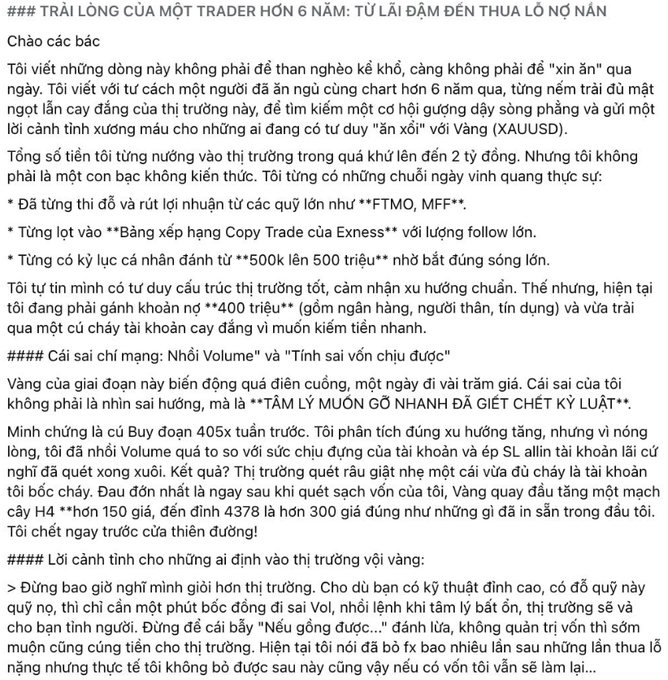 A Vietnamese-language blog post titled "TRÁI LÒNG CỦA MỘT TRADER HƠN 6 NĂM: TỪ LÃI ĐẬM ĐẾN THUA LỖ NỢ NẦN" recounting a trader's journey from trading FTMO and MFF to losing 400 million VND in debt.