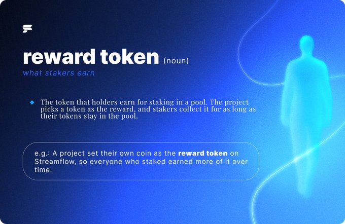 A dark blue graphic defines "reward token" (noun) as "what stakers earn," explaining that it's the token holders receive for staking in a pool, with an example citing a project setting their own coin as the reward token on Streamflow so stakers accumulate more of it over time. A glowing blue human silhouette floats on the right side, visually tying the definition to today's educational "stream of knowledge" terminology lesson.